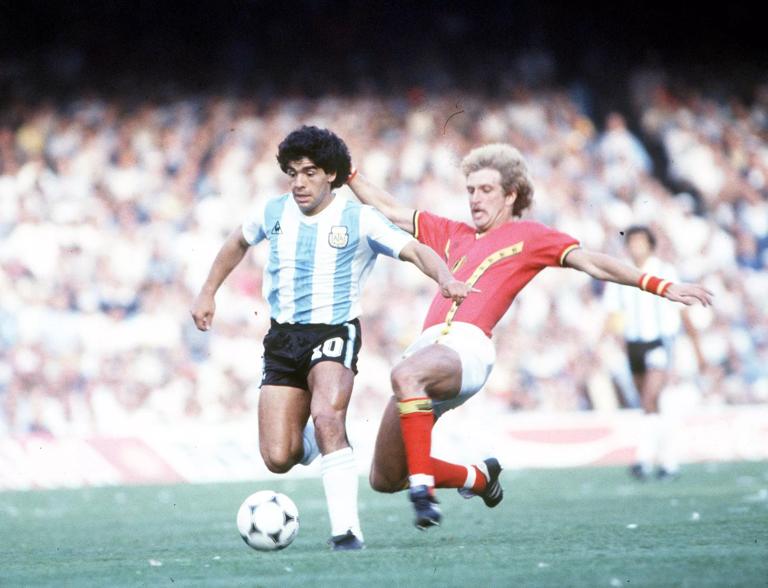 Diego Maradona makes his FIFA World Cup debut in Argentina's 1-0 defeat to Belgium in 1982.