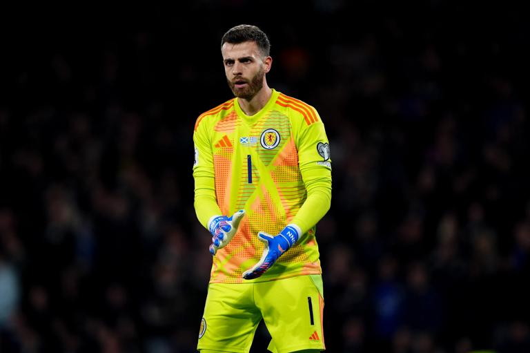 Scotland goalkeeper Angus Gunn during the FIFA World Cup European Qualifying match at Hampden Park, Glasgow. Picture date: Thursday October 9, 2025. (Photo by Andrew Milligan/PA Images via Getty Images)