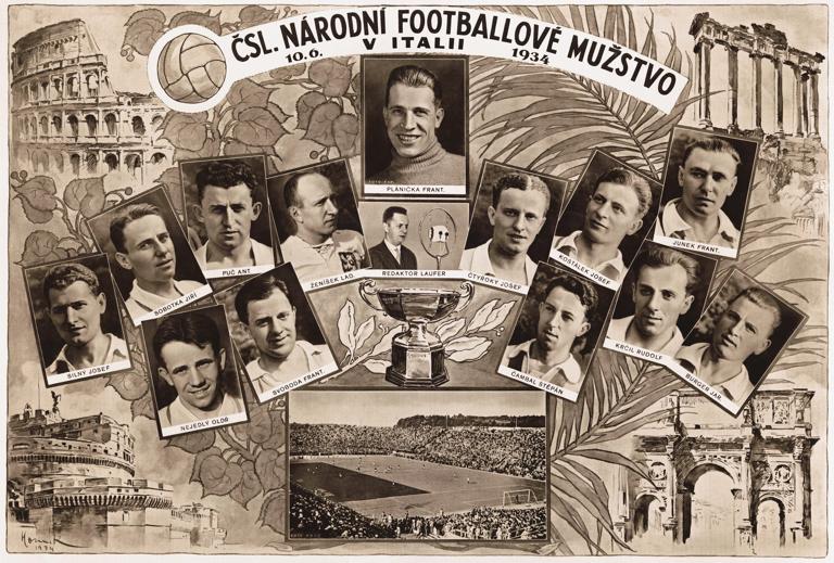 A vintage illustration of sites in Rome plus photographs of the Czechoslovakia football team which was defeated by Italy 2-1 in the FIFA World Cup Final at the Stadio Nazionale PNF in Rome on 10th June 1934.  Included are Czech sports commentator Josef Lauder, the football stadium and team captain Frantisek Planicka with his teammates Josef Silney, Jiri Sobotka, Antonin Puc, Ladislav Zenisek, Josef Ctyroky, Josef Kostalek, Frantisek Junek, Oldrich Nejedly, Frantisek Svoboda, Stepan Cambal, Rudolf Krcil and Jaroslav Burger.  (Photo by Paul Popper/Popperfoto via Getty Images)