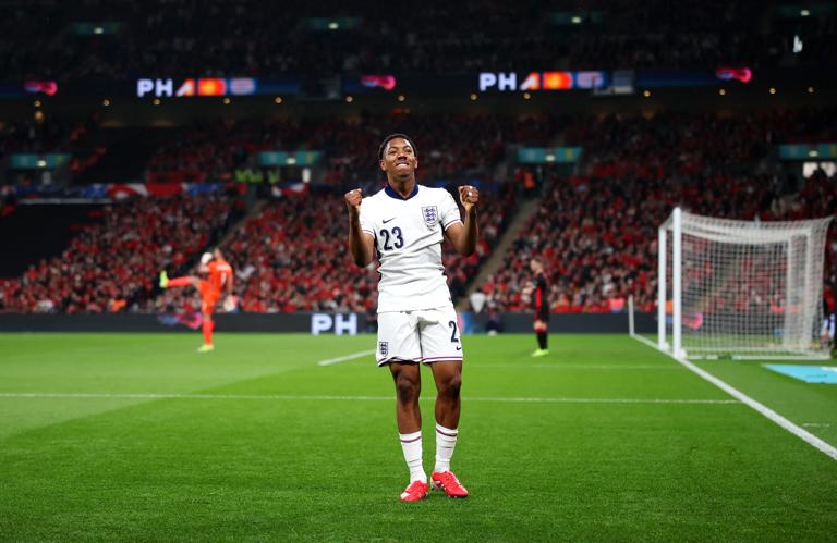 LONDON, ENGLAND - MARCH 21: Myles Lewis-Skelly of England celebrates scoring his team's first goal during the FIFA World Cup 2026 European Qualifier between England and Albania at Wembley Stadium on March 21, 2025 in London, England. (Photo by Alex Pantling - UEFA/UEFA via Getty Images)