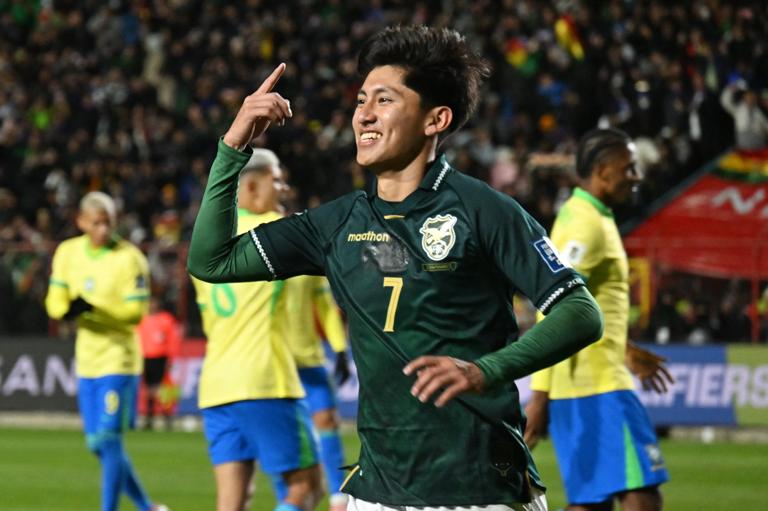 Bolivia's forward #07 Miguel Terceros celebrates scoring his team's first goal during the 2026 FIFA World Cup South American qualifiers football match between Bolivia and Brazil, at the Municipal de El Alto stadium, in El Alto, La Paz department, Bolivia on September 9, 2025. (Photo by AIZAR RALDES / AFP) (Photo by AIZAR RALDES/AFP via Getty Images)          