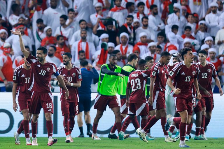 Qatar's players celebrate their opening goal during the FIFA World Cup 2026 Asian qualifier football match between Qatar and the UAE at Jassim Bin Hamad Stadium&Acirc;&nbsp;in Doha on October 14, 2025. (Photo by Karim JAAFAR / AFP) (Photo by KARIM JAAFAR/AFP via Getty Images)          