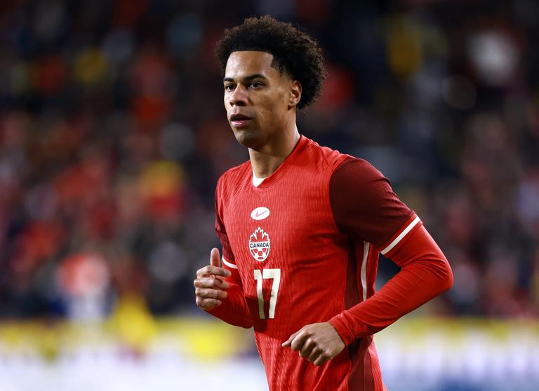 TORONTO, ON - NOVEMBER 13:  Tajon Buchanan #17 of Canada looks on during an International Friendly against Ecuador at BMO Field on November 13, 2025 in Toronto, Ontario, Canada.  (Photo by Vaughn Ridley/Getty Images)